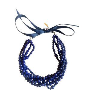 Vintage Blue Beaded Necklace Ribbon 14” Long Multistrand 5 Row Torsade